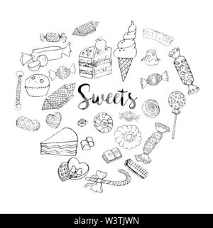 Bonbons différents collection. Style Doodle éléments clipart isolé sur blanc. Et la crème glacée au chocolat Illustration de Vecteur