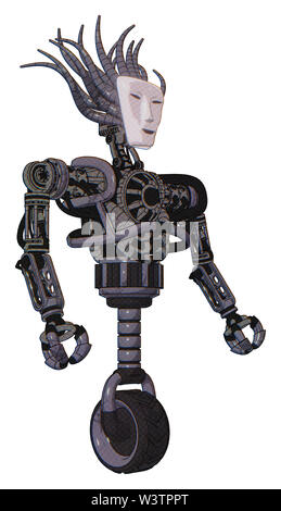 Cyborg contenant des éléments : masque de Visage humanoïde, lourd haut de la poitrine, pas de poitrine, roue monocycle. Matériau : métal lavande clair. Situation :... Banque D'Images