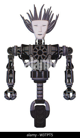 Cyborg contenant des éléments : masque de Visage humanoïde, lourd haut de la poitrine, pas de poitrine, roue monocycle. Matériau : métal lavande clair. Situation : devant. Banque D'Images