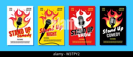 Stand up comedy night live show A3 A4 modèle de conception de l'affiche. Microphone rétro avec le feu jaune rouge blanc sur fond noir. La torréfaction des plaisanteries à chaud Illustration de Vecteur