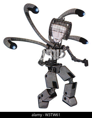 Bot contenant des éléments : masque Visage humanoïde, conception spiralée, light blue, exoshielding poitrine-eye cam tentacules de câble, pas de poitrine, prototype... Banque D'Images