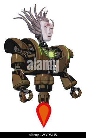 Cyborg contenant des éléments : masque de Visage humanoïde, rouge orangé éclatant la peinture de la guerre, le haut de la poitrine lourde, lourde poitrine mécanique, l'énergie verte core, Jet Propulsion. Banque D'Images