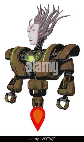 Cyborg contenant des éléments : masque de Visage humanoïde, rouge orangé éclatant la peinture de la guerre, le haut de la poitrine lourde, lourde poitrine mécanique, l'énergie verte core, Jet Propulsion. Banque D'Images