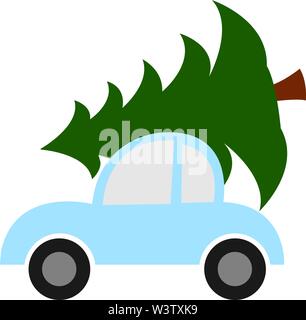 Voiture transportant un arbre de Noël, illustration, vecteur sur fond blanc. Illustration de Vecteur