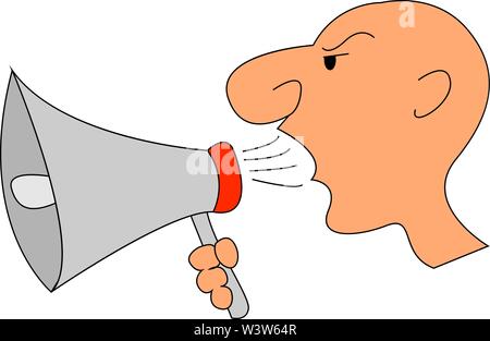 L'homme criant dans un mégaphone, illustration, vecteur sur fond blanc. Illustration de Vecteur
