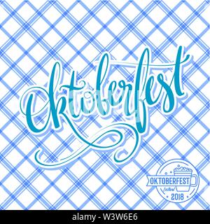 Vecteur Oktoberfest poster avec schéma traditionnel. Lettrage à la main, pinceau calligraphie inscription pour bannières et logo design. Oktoberfest mot bleu Illustration de Vecteur