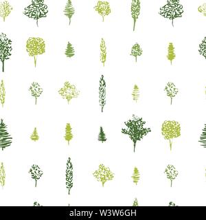 Motif de l'arbre vert transparente pour le motif du tissu. Schéma des arbres verts d'encre à la main. Vector illustration des différents types d'arbres forestiers en répétition géométrique Illustration de Vecteur