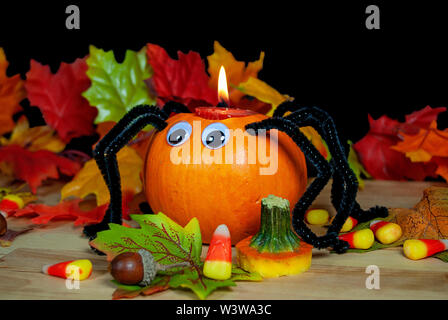 Araignée Halloween citrouille bougie avec le maïs de bonbons et de glands dans les feuilles d'automne Banque D'Images
