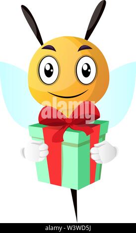Smiling bee holding a présent, illustration, vecteur sur fond blanc. Illustration de Vecteur