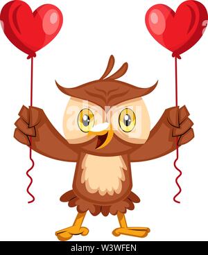 Hibou avec ballons coeur, illustration, vecteur sur fond blanc. Illustration de Vecteur