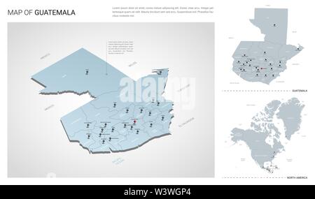 Vector set du Guatemala pays. Carte en 3D isométrique, Guatemala map, la carte de l'Amérique du Nord - avec la région, l'Etat et les noms les noms de ville. Illustration de Vecteur