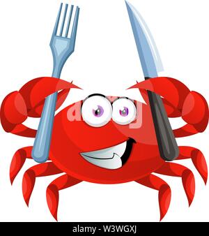 Crabe avec fourchette et couteau, illustration, vecteur sur fond blanc. Illustration de Vecteur