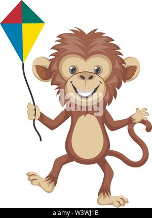Monkey jouer avec flying kite, illustration, vecteur sur fond blanc. Illustration de Vecteur