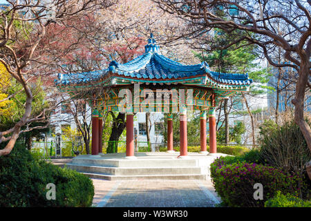 Lieu de repos et un pavillon octogonal à Kukkiwon taekwondo scolaire,Yeoksam-dong, Séoul, Corée du Sud. Banque D'Images