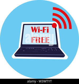 Dessin plat d'un ordinateur portable. Symbole de wi-fi gratuit.Illustration Banque D'Images