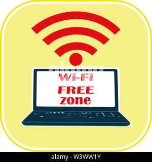 Dessin plat d'un ordinateur portable. Symbole de wi-fi gratuit. Illustration Banque D'Images
