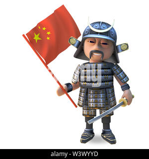 3d noble guerrier samouraï japonais traditionnel en armure portant un drapeau chinois, illustration 3D render Banque D'Images