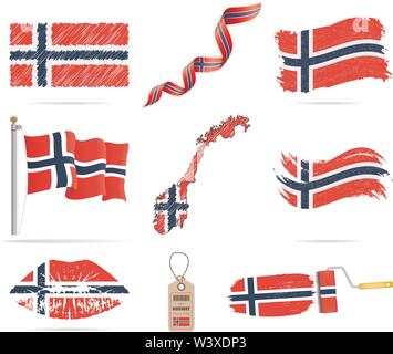 Ensemble de drapeaux suspendus de Norvège avec différentes textures. Les formes de la diversité le drapeau national du pays. Les formes de la diversité, des cartes de la Norvège. Modèle pour l'arrière-plan, bannière, site web, logo, prix, réalisation, Festival. Illustration vectorielle, eps 10 Illustration de Vecteur