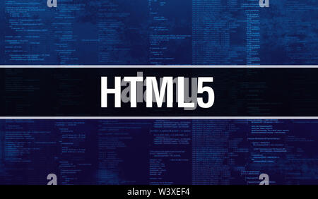 Texte HTML5 écrit le code de programmation résumé technologie historique de concepteur de logiciel et l'ordinateur d'un script. Concept de code HTML5 sur mon ordinateur Banque D'Images