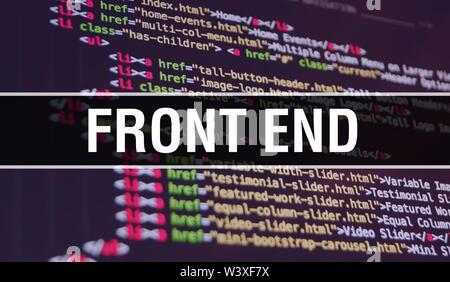 FRONT END concept illustration à l'aide du code de l'élaboration des programmes et de l'app. Site web de l'extrémité avant du code avec les balises colorées dans la vue du navigateur sur dark backgrou Banque D'Images