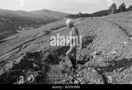 Déposée - 01 janvier 1992, Berlin, UAE : Saxe/RDA/énergie/1992 dépôts d'uranium en Eibenstock près de Aue, l'assainissement des grands dommages à l'environnement a commencé. Le heap est aplatie et les terrasses sont énoncés, les buissons sont plantés. L'accès pour la population ne sera pas possible pendant un temps très long. La rénovation sera réalisée par WISMUT GMBH. Un excavateur distribue un mélange de terre végétale et de cendres // Erzgebirge/environnement/atome/Uranium Mining/le pacte germano-soviétique de joint stock company a été fondée après l'émergence de la RDA pour permettre à l'Union soviétique l'accès à l'uranium dans l'Erzgeb Banque D'Images