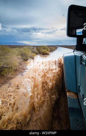 Après une pluie rare, les routes en Tankwa Karoo National Park être inondé, navigables seulement par quatre roues motrices, Northern Cape, Afrique du Sud. Banque D'Images