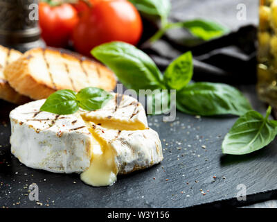 Le camembert grill ,sur fond noir en noir Banque D'Images