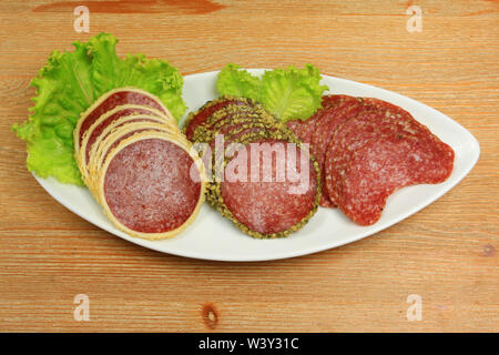 Trois différents types de salami viande sur plaque banquet avec laitue Banque D'Images