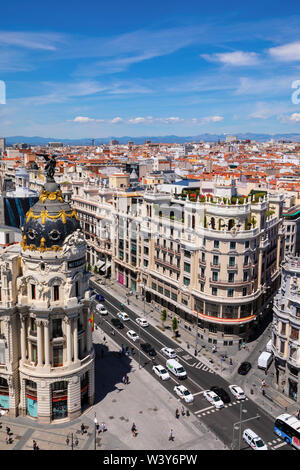 Portrait de Metropolis Building, Grand Via et de Madrid, Madrid, Espagne Banque D'Images