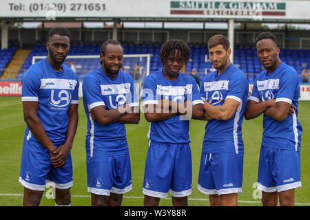 HARTLEPOOL, Angleterre 13 juillet Hartlepool United (L-R) Régime de Toure, Nico Muir, Peter Myles, Kioso Anderson et Nicke Kabamba au cours de la séance photo au parc Victoria, Hartlepool le samedi 13 juillet 2019 (Photo : Mark Fletcher | MI News) Banque D'Images