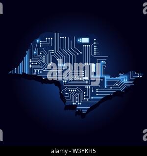 Carte d'isolignes de Sao Paulo avec un circuit électronique technologique. L'État brésilien. Fond bleu. Illustration de Vecteur