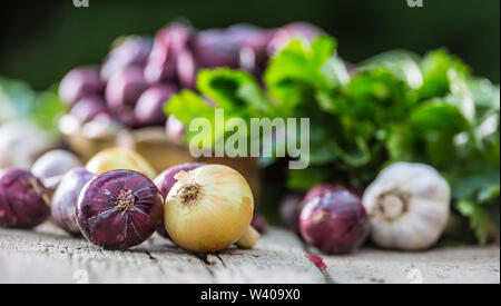 Oignon rouge en bronze de l'ail et fines herbes bol de céleri rave sur table de jardin - Haut de vue. Close-up de légumes frais sain Banque D'Images