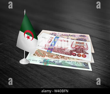 Monnaie officielle algérienne (dinar algérien), monnaie et monnaie en Algérie (500 dinar,1000 dinar,2000 dinar) avec drapeau algérien sur table en bois Banque D'Images