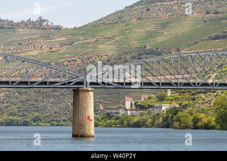Au village de Pinhão Alto Douro Vinhateiro, le fleuve Douro, pont et vignes Banque D'Images