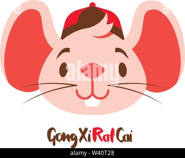 Cute pinky souris avec de grandes oreilles Gong Xi Fa Cai de vœux. Le Nouvel An chinois 2020.L'année du rat. - Vector Illustration de Vecteur