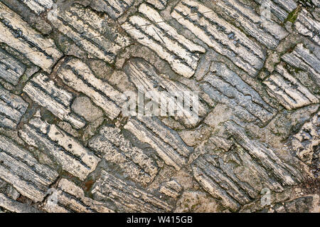 Fond d'origine naturelle de l'ancienne grande pierre avec la texture de fissures et de briques. Le vieux pavés en Europe. Banque D'Images