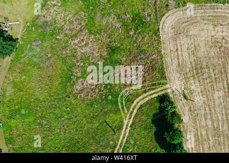 Vue aérienne verticale du toit d'une usine à proximité d'une zone de jachère végétation dense , drone Banque D'Images