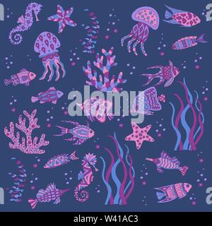 Peint et dessiné à la main Ensemble de poissons de mer, mer, coraux, algues, méduses, hippocampes sur fond bleu foncé Illustration de Vecteur