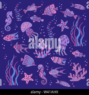 Peint et dessiné à la main Ensemble de poissons de mer, mer, coraux, algues, méduses, hippocampes sur fond bleu foncé Illustration de Vecteur