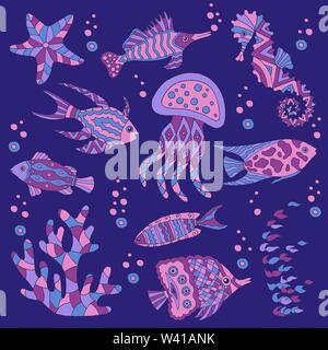 Peint et dessiné à la main Ensemble de poissons de mer, mer, coraux, algues, méduses, hippocampes sur fond bleu foncé Illustration de Vecteur