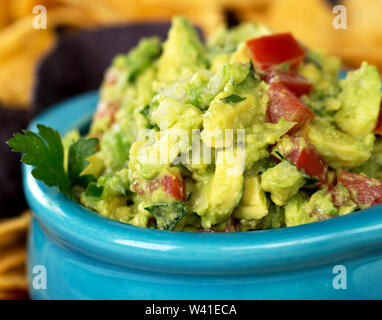 Un bol de guacamole frais avec des croustilles de maïs. Profondeur de champ intentionnel. Banque D'Images