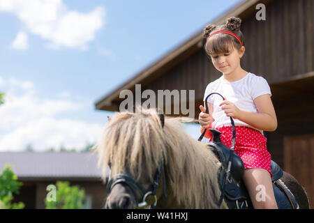 Petite fille positif d'essayer un cheval Banque D'Images