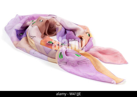 Foulard en Soie peint à la main avec les chats colorés isolated on white Banque D'Images