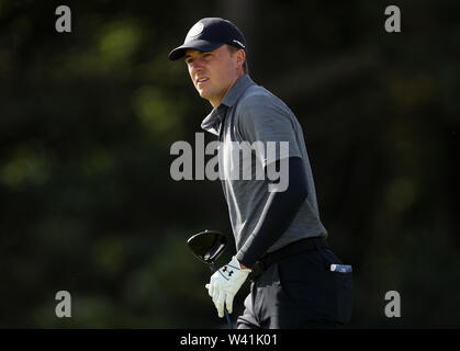 USA's Jordan Spieth sur le 5ème tee durant la journée deux de l'Open Championship 2019 au Club de golf Royal Portrush. Banque D'Images