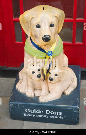 Une vieille boîte de collecte de la rue sous la forme d'un labrador et ses chiots pour chiens d'Aveugles marqué 'chien-guide, chaque sou compte' Banque D'Images