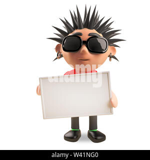 3d cool punk rocker avec spikey hair holding a blank sign, illustration 3D render Banque D'Images