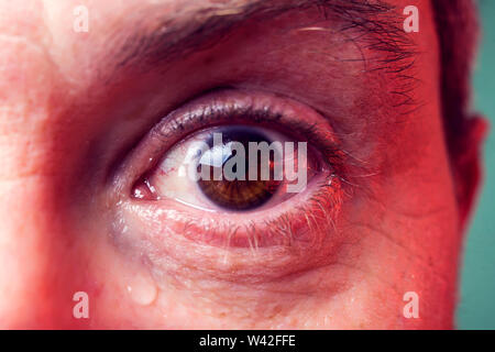 Close-up brown eye d'un homme avec une larme. Les gens, les émotions concept Banque D'Images