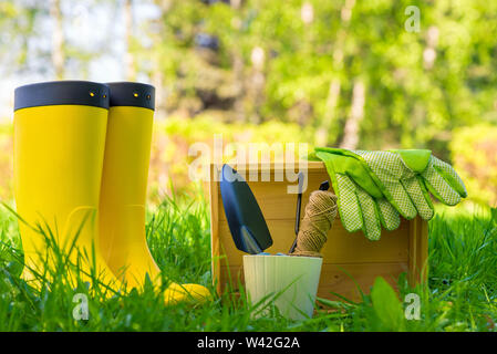 Objets pour travailler avec des plantes dans le jardin close up et bottes en caoutchouc jaune sur une pelouse verte jardinier Banque D'Images