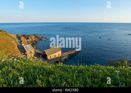 Vue depuis la falaise au-dessus de l'ancienne station de sauvetage de lézard en mer à Polpeor Cove, juste avant le coucher du soleil - péninsule du Lézard, Cornwall Banque D'Images