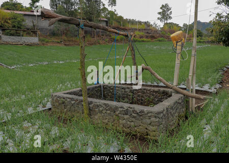 Vieux puits avec treuil au milieu de terrain de l'oignon. Puits de mur fait de pierres et de mortier. Source de l'eau pour l'irrigation des récoltes des agriculteurs dans les montagnes Banque D'Images